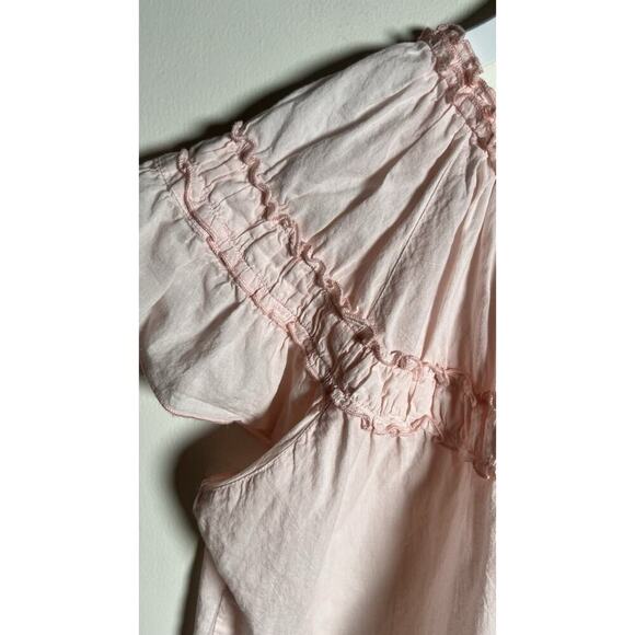 Madison Mathews Size M Cotton Flutter Sleeve Pink Smocked Boxy Button Up Blouse - Picture 5 of 8